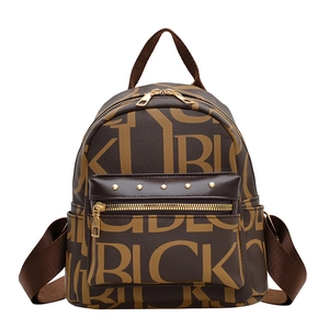 Brown leather backpack with khaki letter prints, gold studs and front zipper pocket