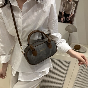 Vintage mini Boston pillow bag in dark grey canvas and brown leather crossbody style