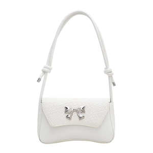 Elegant white shoulder bag with woven texture flap and silver bow clasp for women