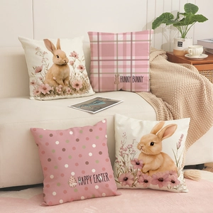 Easter Cushion Cover Linen Blend Decorative Bunny Rabbit Floral Polka Dot Plaid For Living Room Sofa Couch Home Decor