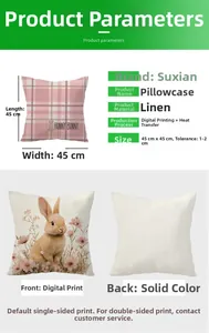 Detailed view of pink Easter bunny pillow cover with 45x45cm size specifications