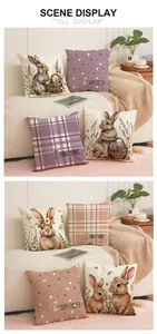 Detail view of pink Easter bunny pillow covers set on a cozy sofa with floral patterns