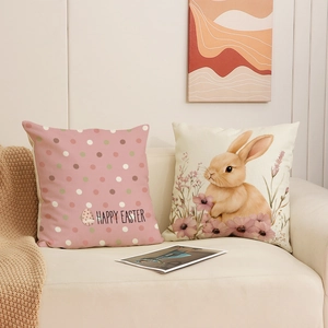 Pink Happy Easter pillow covers set with cute bunny and egg prints for living room sofa decor