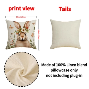 Cartoon Easter bunny linen pillowcase set with rabbit and floral wreath prints, 18 inches