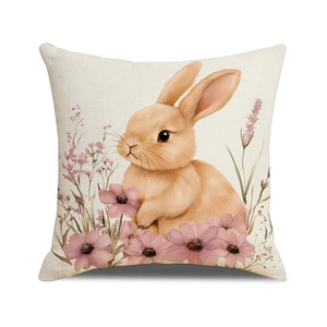 Easter rabbit pillow cover with pink flowers and watercolor bunny print on linen fabric
