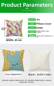 Detail of 45x45cm linen Easter pillowcase with cute bunny print and product dimensions