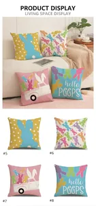 Detailed tile display of four festive Easter bunny patterns on durable linen pillow covers