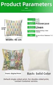 Linen Easter pillowcase detail showing 45x45cm dimensions and colorful rabbit print