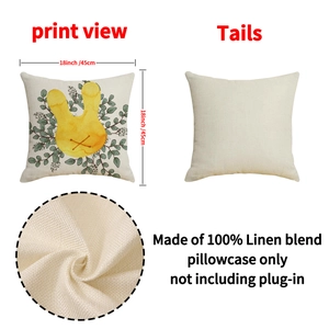 18x18 inch linen Easter pillow case with yellow bunny print and fabric detail view