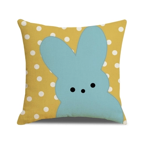 Modern Easter decorative linen pillowcase with blue bunny silhouette on yellow polka dots