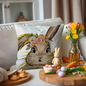 Easter rabbit pillow cover with floral wreath on white sofa with festive decorations