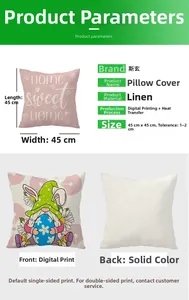 Detail view of 45x45cm linen Easter pillowcases with digital floral gnome printing