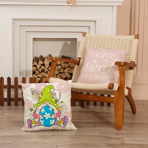 Pink Home Sweet Home and Easter gnome decorative pillowcases set on a white chair