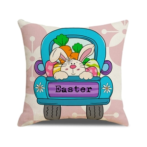 Easter rabbit pillow cover with pink geometric patterns and blue truck design