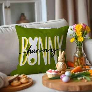 Easter throw pillow cover with Bonny Bunny print on green fabric for home sofa decor
