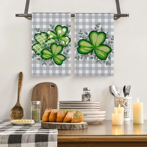St Patricks Day Kitchen Towels Shamrock Clover Print Soft Polyester Microfiber Lucky Irish Holiday Home Decor Dishcloths