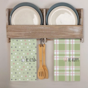 Absorbent Easter kitchen towels with Be Kind bird and Be Hoppy rabbit ear prints