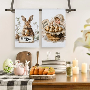 Easter kitchen towels set with vintage rabbit print and Spring Joy lettering hanging