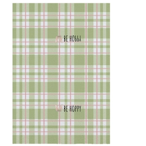 Easter kitchen towel featuring green pink plaid pattern with rabbit ears and Be Hoppy print