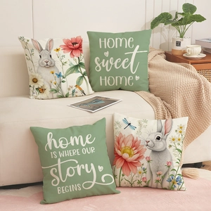 Taie d'Oreiller de Pâques en Lin avec Lapin et Fleurs Housse de Coussin Décorative Carrée Citation Home Sweet Home