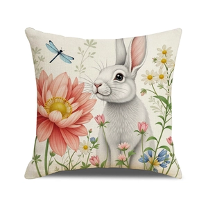 Housse de coussin de Pâques avec lapin mignon et imprimé floral sur tissu lin