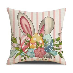 Easter decorative pillow cover with colorful bunny ears and floral patterns on stripes
