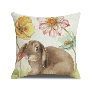 Housse de coussin lapin de Pâques en lin avec fleurs roses sur fond blanc