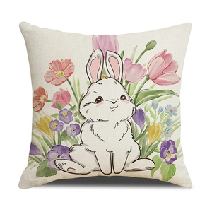 Square Easter pillow cover featuring a cute white bunny and colorful spring tulips