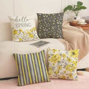 Floral print pillow covers in grey and yellow set for sofa and home decor