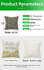 Detail of 45x45cm linen pillowcase showing yellow spring floral pattern and specifications