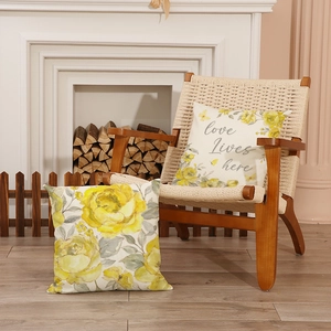 Lot de 2 housses de coussin en lin avec motifs floraux jaunes et lettrage Love Lives Here