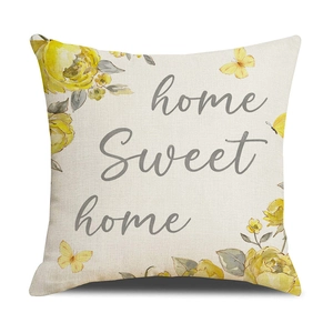 Housse de coussin en lin avec roses jaunes, papillons et imprimé Home Sweet Home