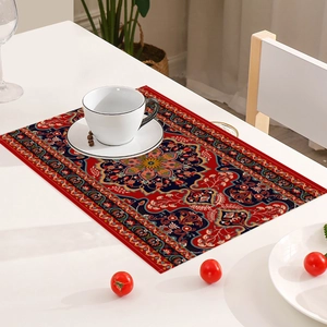 Close-up of bohemian mandala pattern on heat-resistant red linen placemat for dining tables