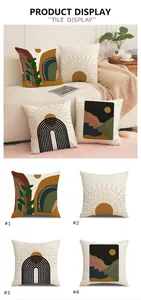 Detail of four boho square pillowcases featuring abstract sun and mountain art prints