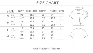 Detailed size chart for oversized short sleeve t-shirt showing S to XL measurements