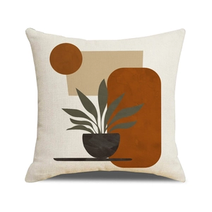 Square beige pillowcase with olive leaf silhouette and abstract geometric art patterns