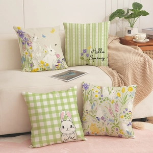 Easter Spring Rabbit Flower Print Linen Cushion Cover Nordic Pastoral Gingham Stripe Throw Pillow Case Home Decorative