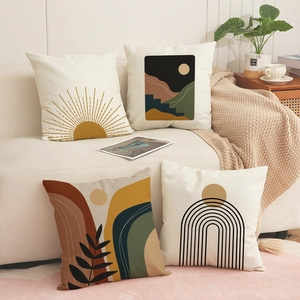 Boho Abstract Linen Blend Decorative Pillow Covers Geometric Sun Mountain Pattern Square Cushion Case For Couch Home Decor