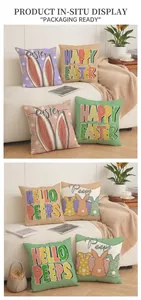 Close-up of linen Easter pillow covers with bunny prints on a cozy beige sofa