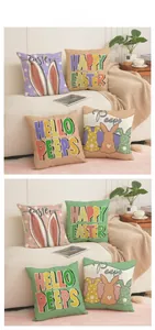 Close-up of linen Easter pillow covers with bunny prints on a cozy beige sofa