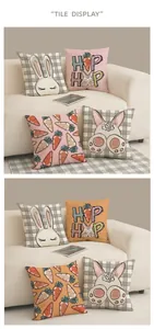Detailed view of four Easter pillow covers with cute rabbit prints in warm living room setup