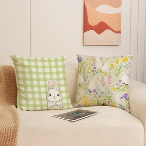 Nordic linen throw pillow covers set with cute rabbit floral print on sofa decor