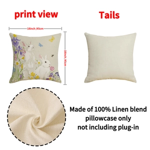 Linen blend square pillow cover with cute spring rabbits and floral prints 18x18 inch