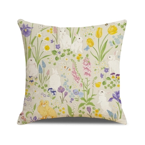 Nordic linen pillowcase featuring cute rabbit and spring flower prints for home decor