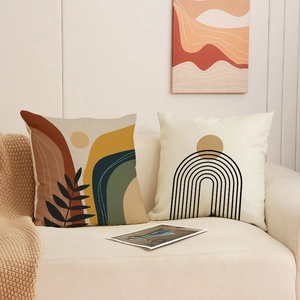 Boho geometric linen pillow cover with abstract leaf and sun print on sofa décor