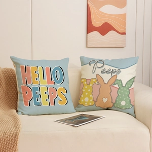 Set of two Easter linen pillow covers with colorful bunny prints and Hello Peeps art text