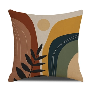 Boho abstract square pillow cover with mid-century geometric sun and leaf prints