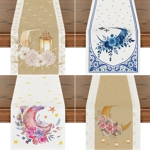Ramadan Tischläufer Polyester Leinen Festlich Mond Stern Laterne Druck Floral Esstisch Deko Für Eid Home Party