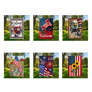 Detailed collection of six American Independence Day garden flags featuring eagles and stars