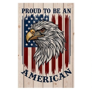Independence Day garden flag featuring a majestic bald eagle with US flag and proud text